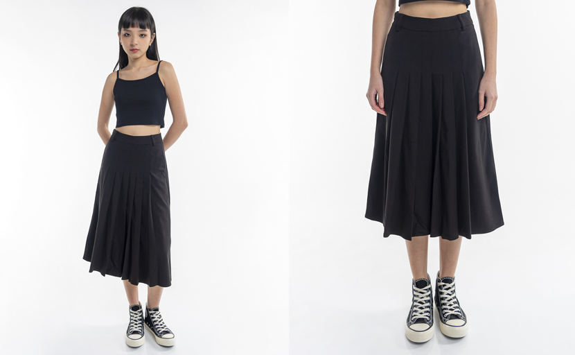 High Waist Long Maxi Pleated Skirt with Slash Pocket Details (Black)