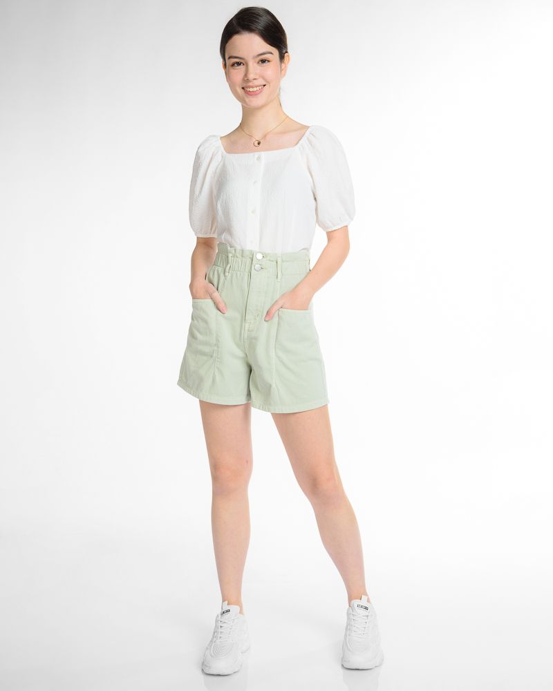 Washed Paperbag Shorts in Light Green