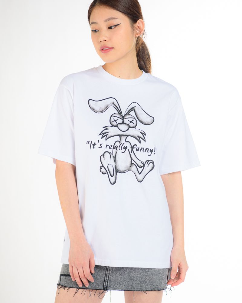 Oversized Short Sleeve T-Shirt with Bunny Graphic (White)