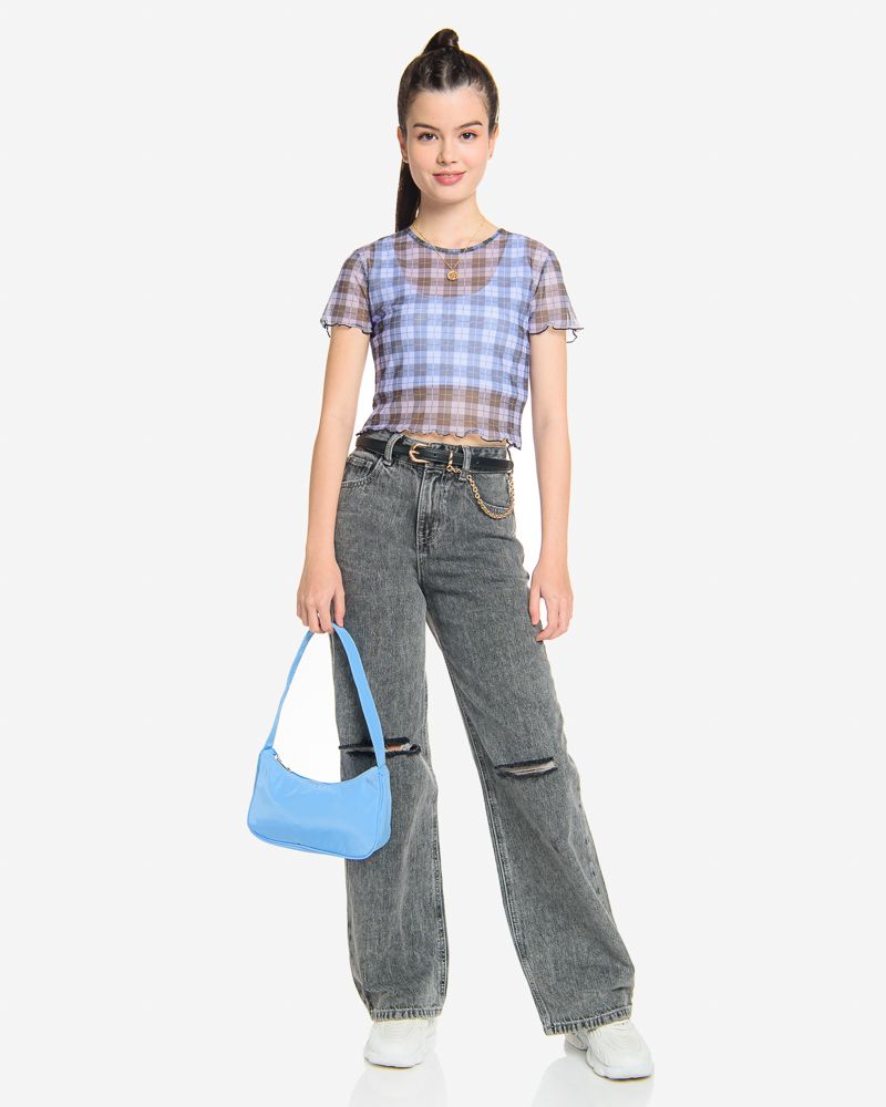 Translucent Checkered S/S Crop Top