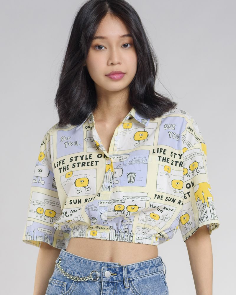 Short Sleeve Crop Shirt with All Over Cute TV Print