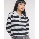 Long Sleeve Striped Collar Sweater with Drawstring Hem and Unique Tag