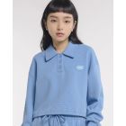 Cropped Polo Sweater with Drawstring Hem and Rubber Print (Powder Blue)