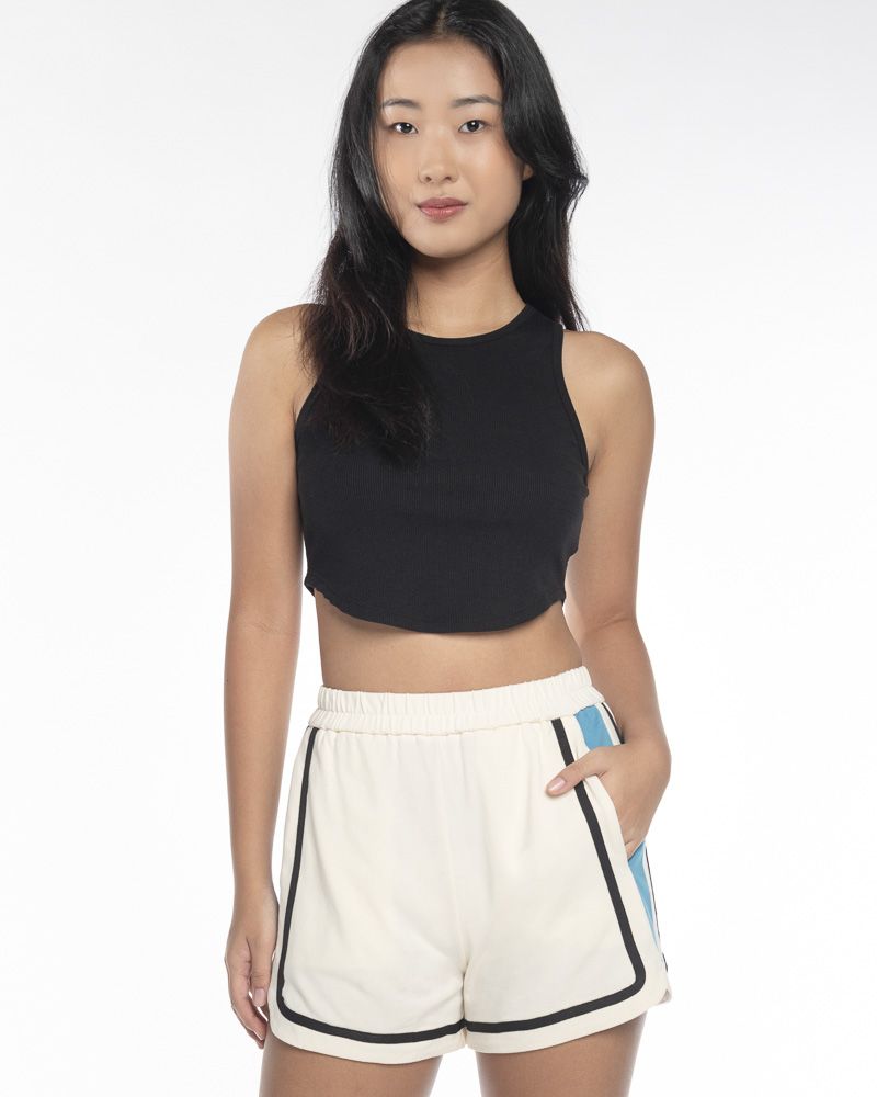 Contrast Binding Elastic Waist Knit Shorts with Curved Hem (Ivory White)